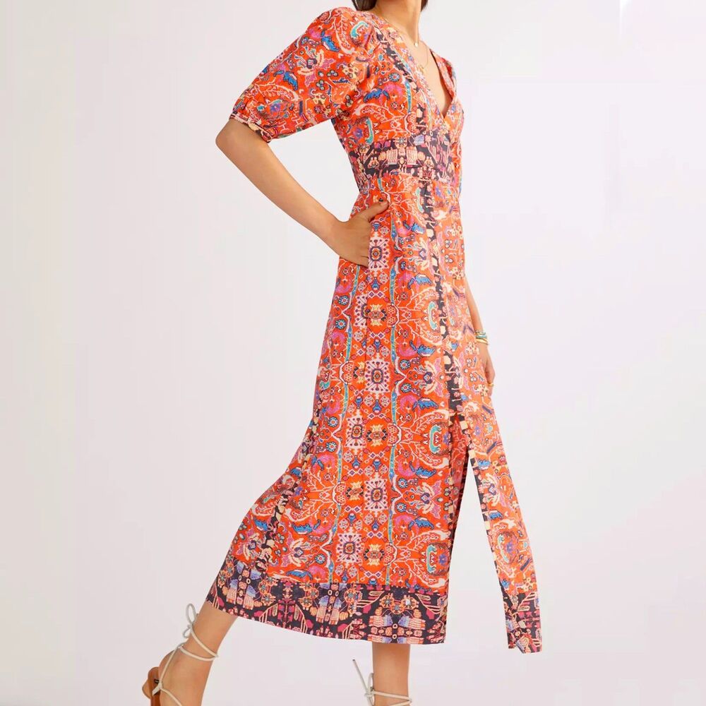By Anthropologie Orange Floral Maxi Dress Size 6 Orange Cotton Puff Sleeves Boho